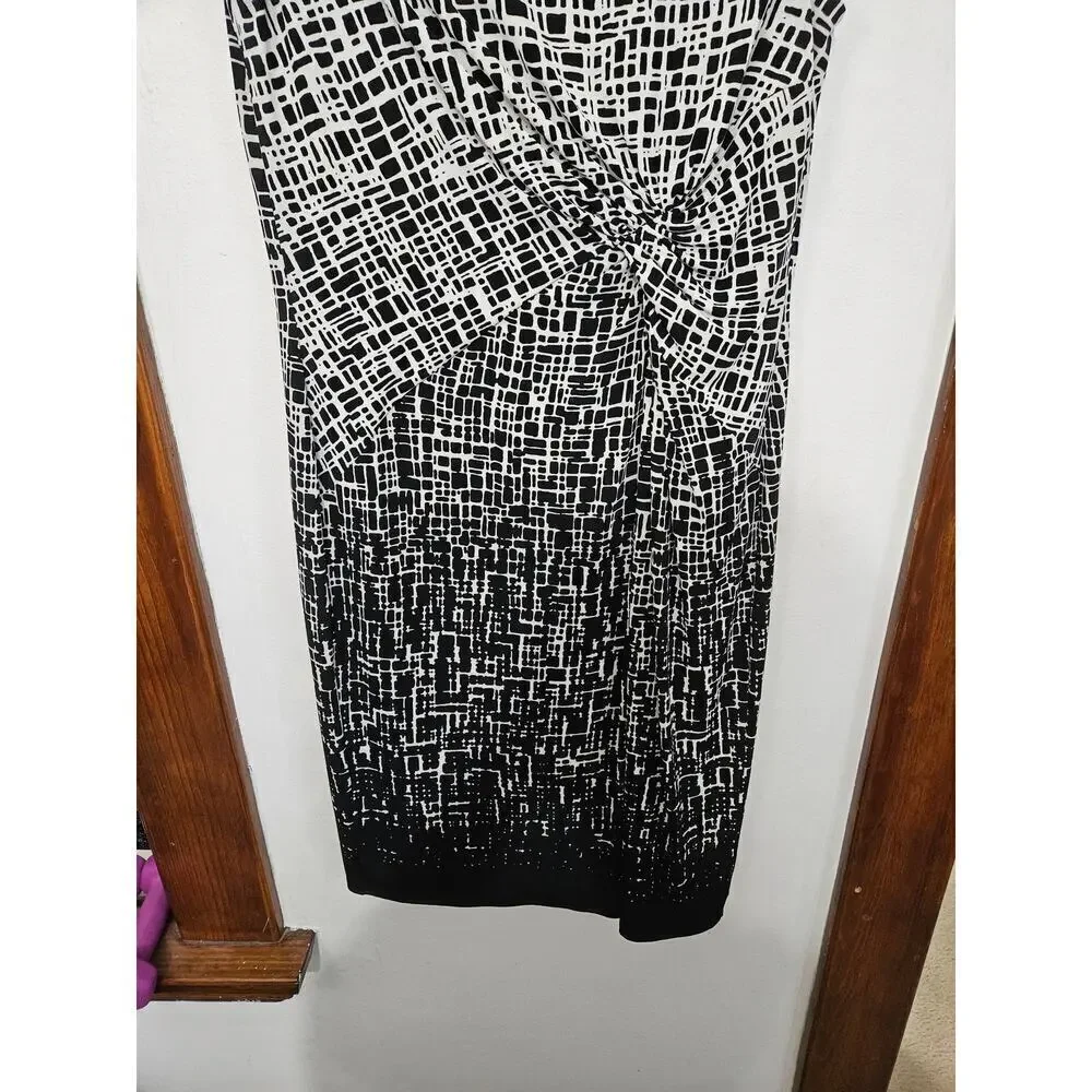 Anne Klein Faux Twist Front Dress Sz 12 Large Black/White Geometric Sleeveless
